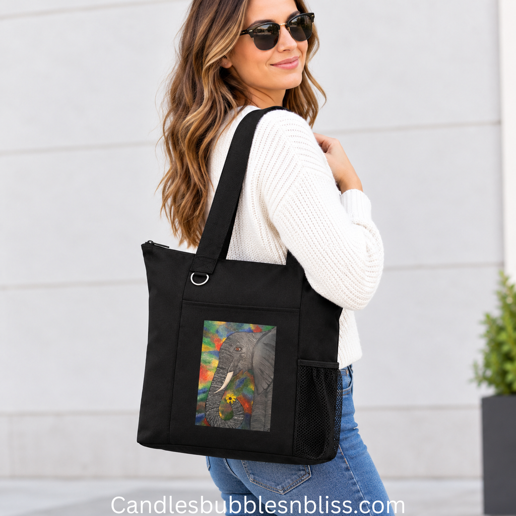 Elephant with Flower Art Print Tote