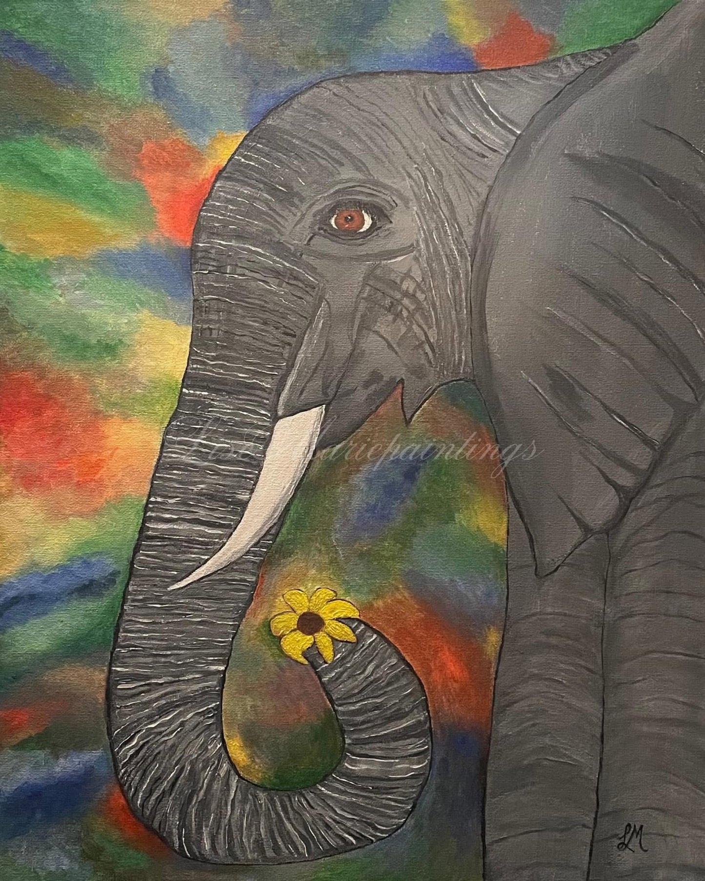 Elephant Holding Flower Acrylic Painting Art Print