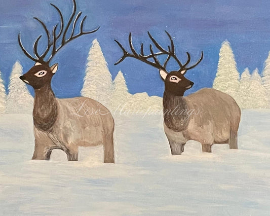 Deer in Winter Acrylic Painting Art Prints