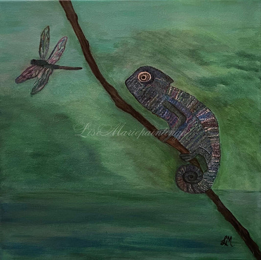 Chameleon and Dragonfly Acrylic Painting Art Print