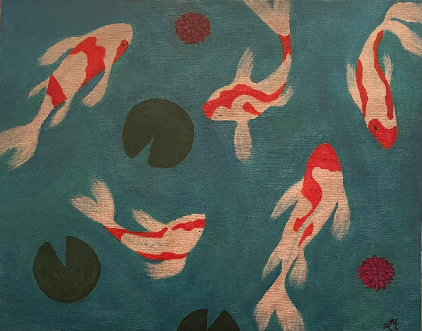 Impression d'art en acrylique représentant un étang à poissons Koi